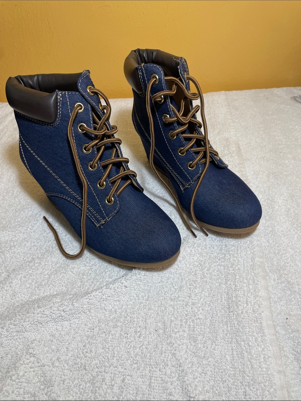 Cityclassified Navy Blue Denim Lace-Up Wedge Ankle Boots
